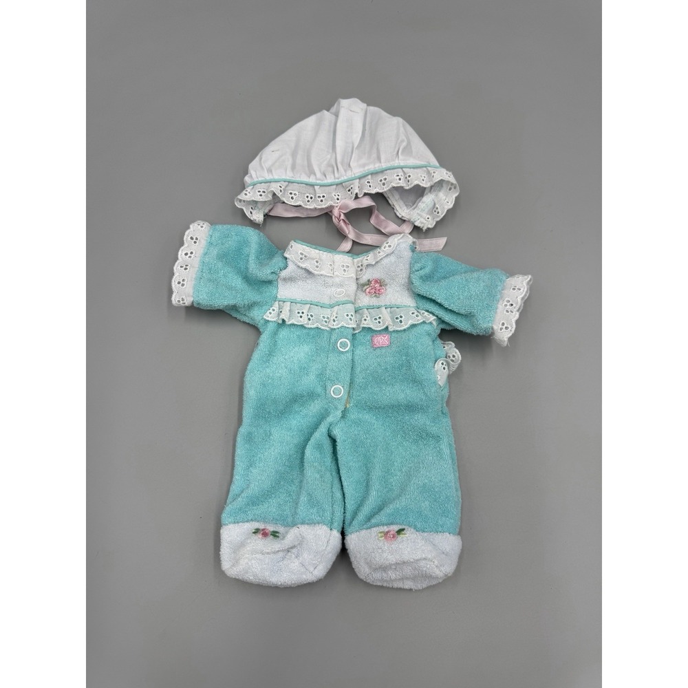 Vtg Cabbage Patch Kids Teal Blue Lace Trim Pink Flowers Pajamas W/ Bonnet READ